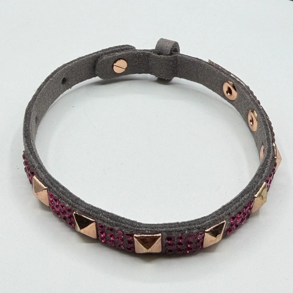 Gray Suede Studded Crystal Bracelet Rose Gold Tone Pink Rhinestone Gift Cuff